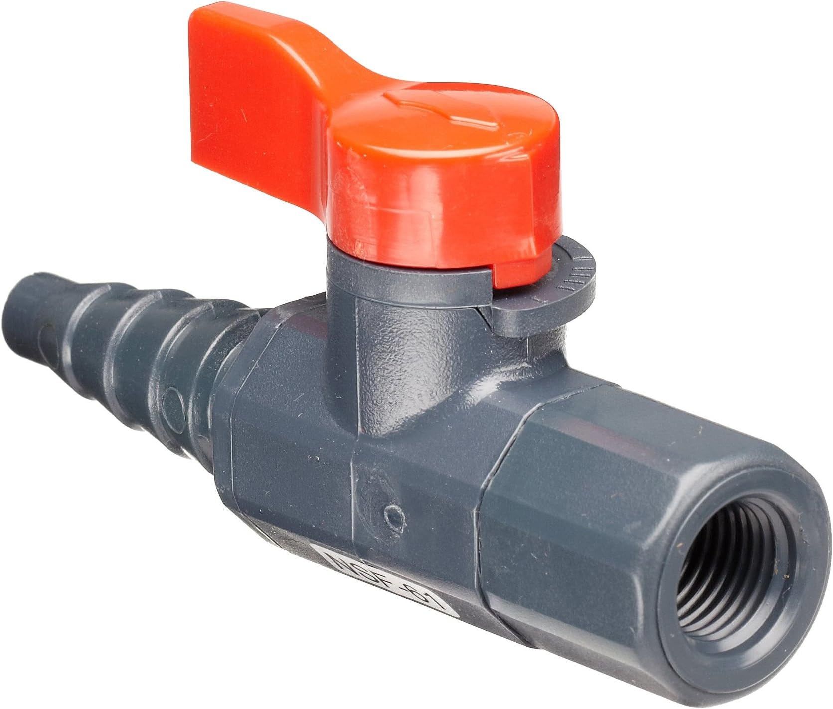Asahi America-1082002 Labcock PVC Ball Valve, Inline, Unibody, Lever, 1/4" NPT Female x 3/8" Hose