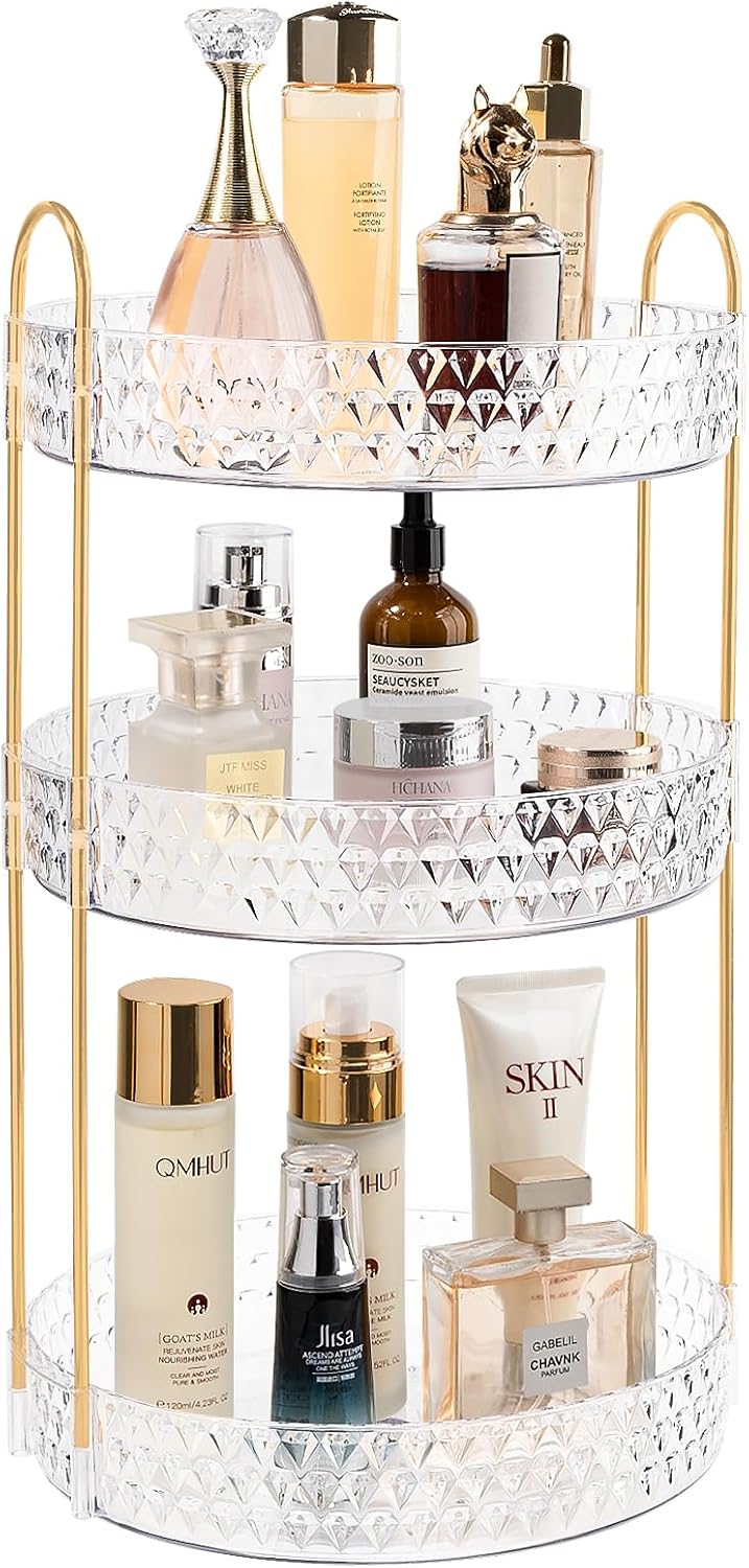 Rotating Makeup Organizer for Vanity, 3 Tier Perfume Skincare Storage for Women, Bathroom Counter Organizer, 360 Spinning Cosmetic Holder for Dresser Countertop, Clear