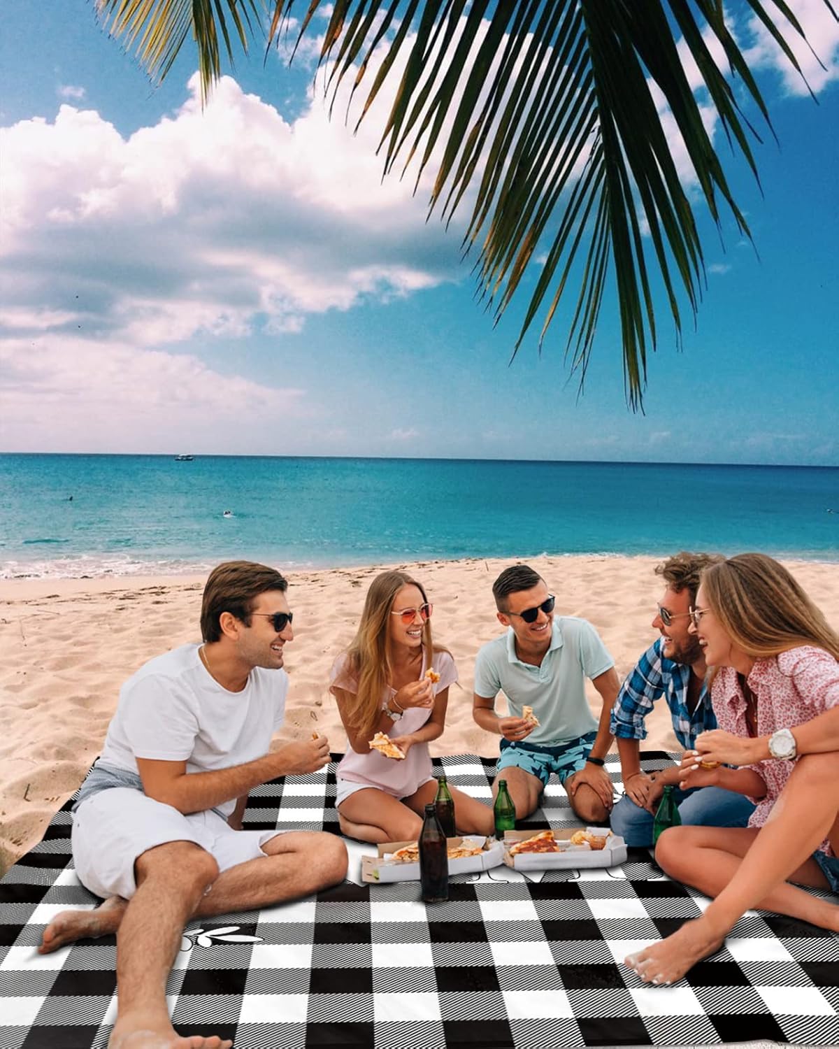 Farm Home Love Quotes Beach Blanket Waterproof Sandproof Outdoor Picnic Mat 108"x84" Black White Buffalo Lattice Lightweight Large Beaach Blankets with 4 Stake & 4 Corner Pockets
