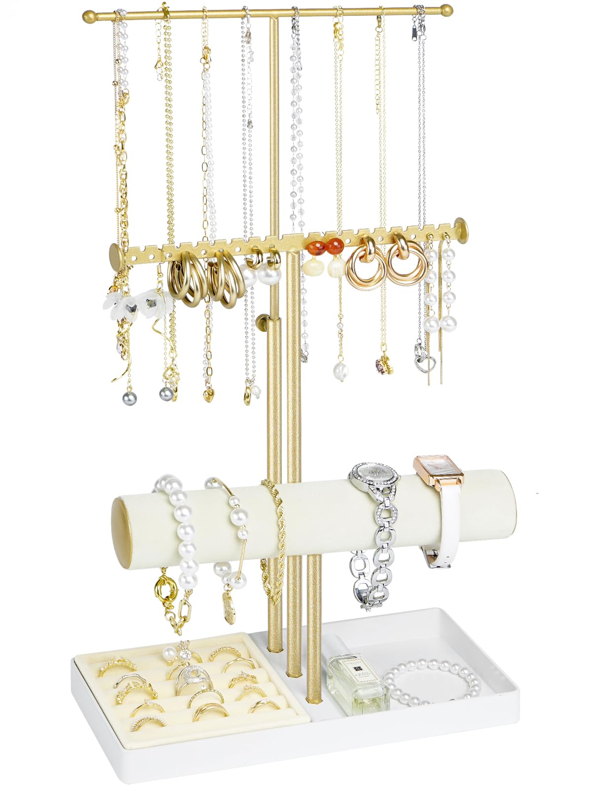 Jenseits Jewelry Organizer Stand Necklace Holder Organizer, 3-Tier Earrings Organizer w/Bracelet Storage Display & Velvet Ring Tray, Cute Metal Aesthetic Jewelry Tower Rack for Women Girls - Gold