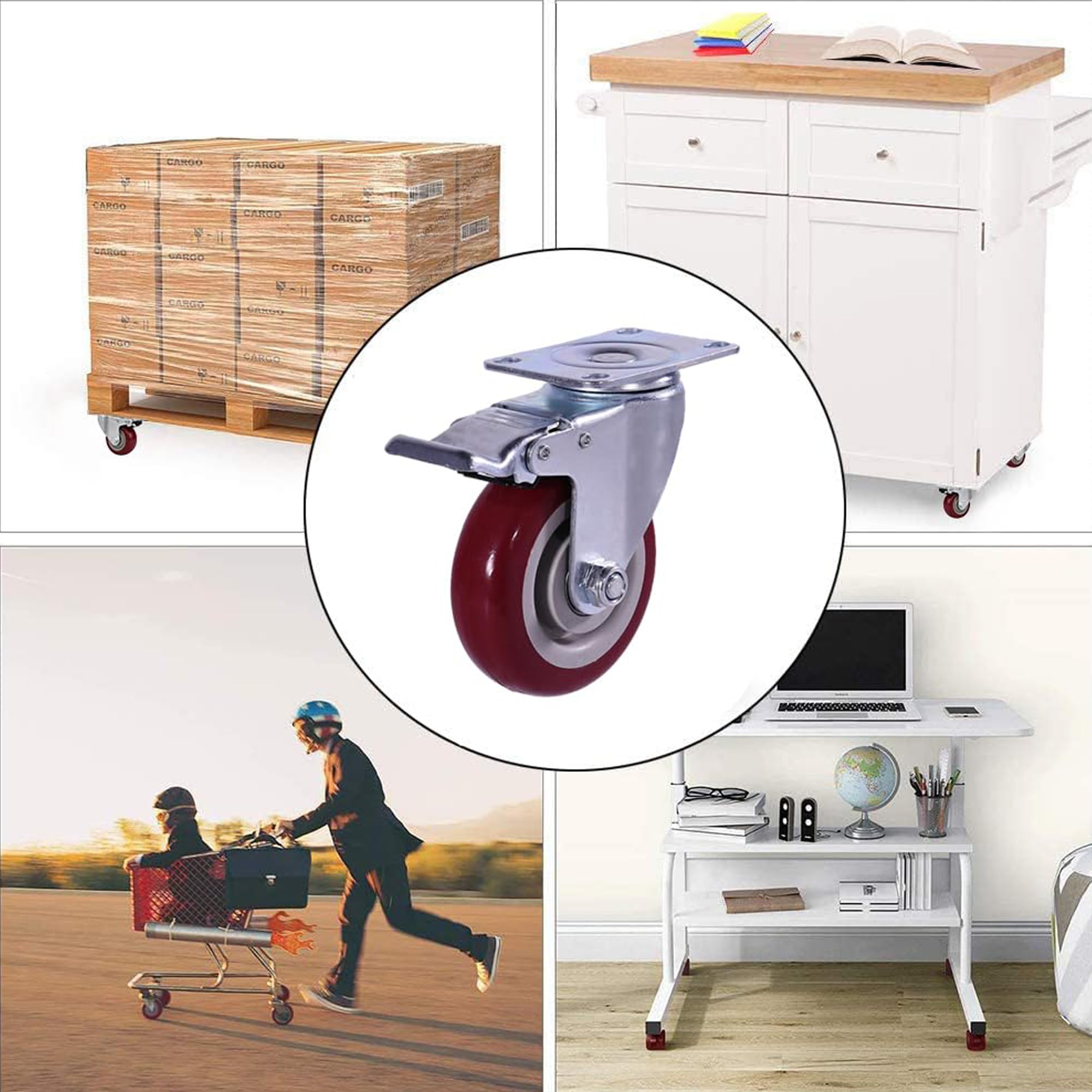 4 pezzi Ruote Per Carrello 100 mm Ruote per mobili con freno Girevoli Pesanti fino a 600kg Rosso