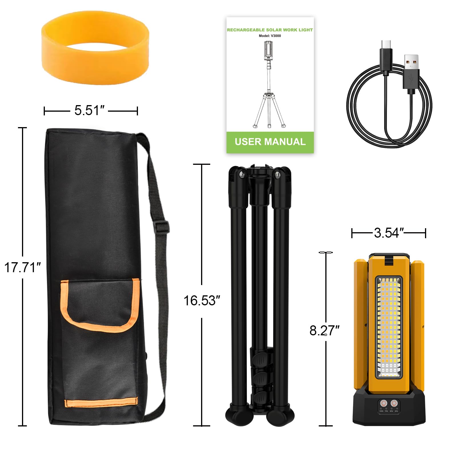 Projecteur de Chantier Solaire à LED Avec Trépied, Lampe de Chantier à Batterie Rechargeable 13200 mAh, Luminosité Maximale Jusqu'à 8000 Lumens(orange）