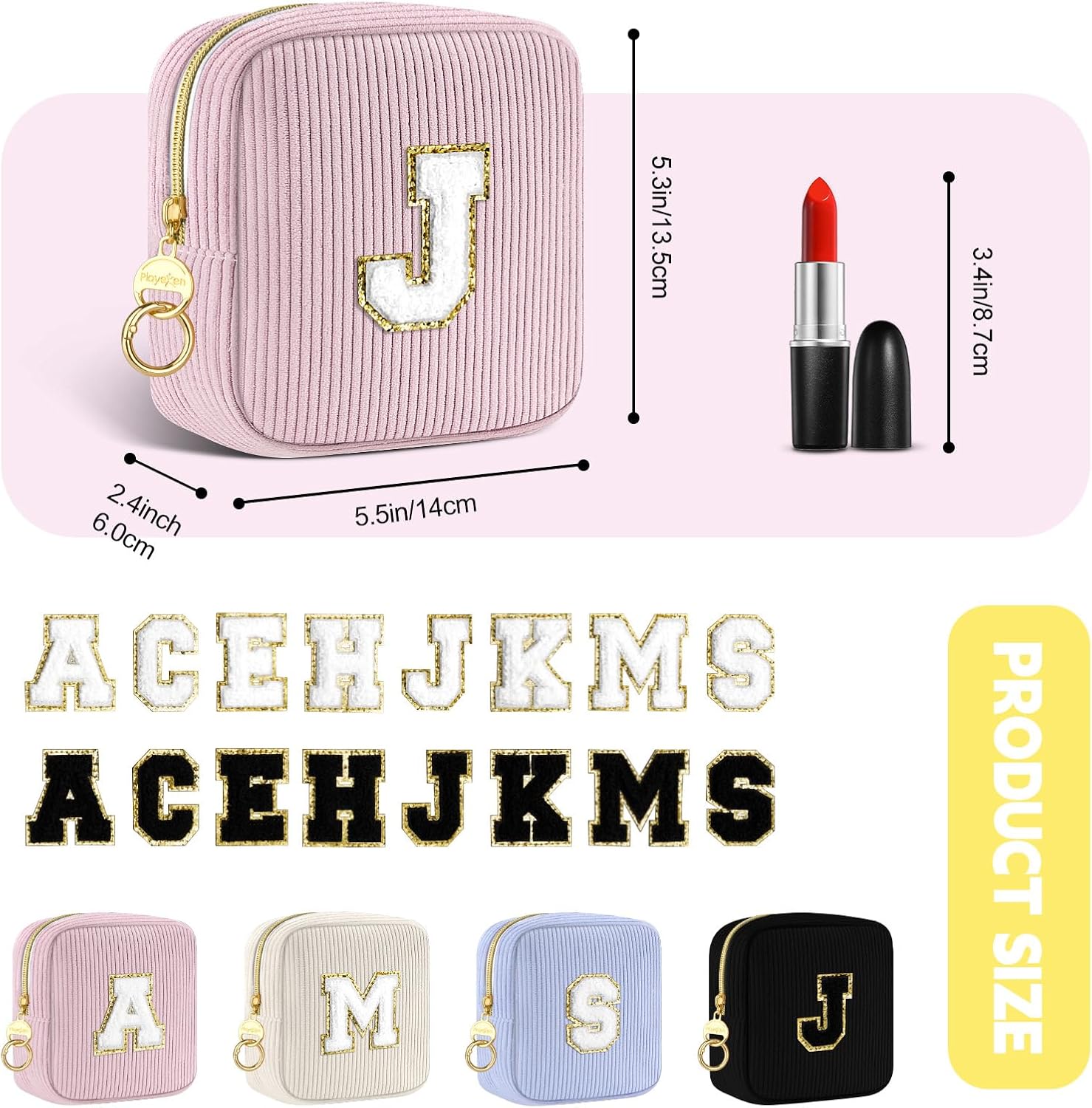 Small Initial Makeup Bag, Pink Corduroy Personalized Cosmetics Bag with Ring Buckle, Monogram Cute Travel Toiletry Pouch Purse for Birthday/Wedding/Party Gifts (Letter L) - Image 2