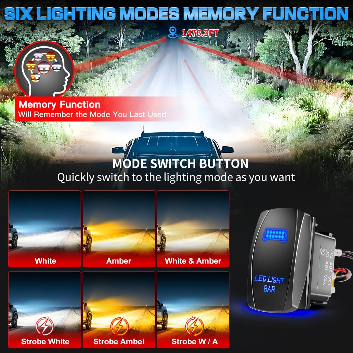 12In LED Light Bar and 4In LED Cube Pod Lights Amber White 6Mode Strobe Spot Flood Combo Dual Color Off-Road Driving Work Lights with Memory Reset Function for Trucks Pickup ATV UTV SUV