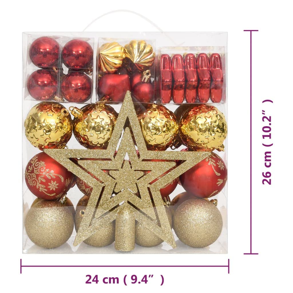 Juego de 70 bolas de Navidad de plástico, color dorado y rojo, diferentes tamaños y formas, incluye caja de almacenamiento para adornos de árbol de Navidad