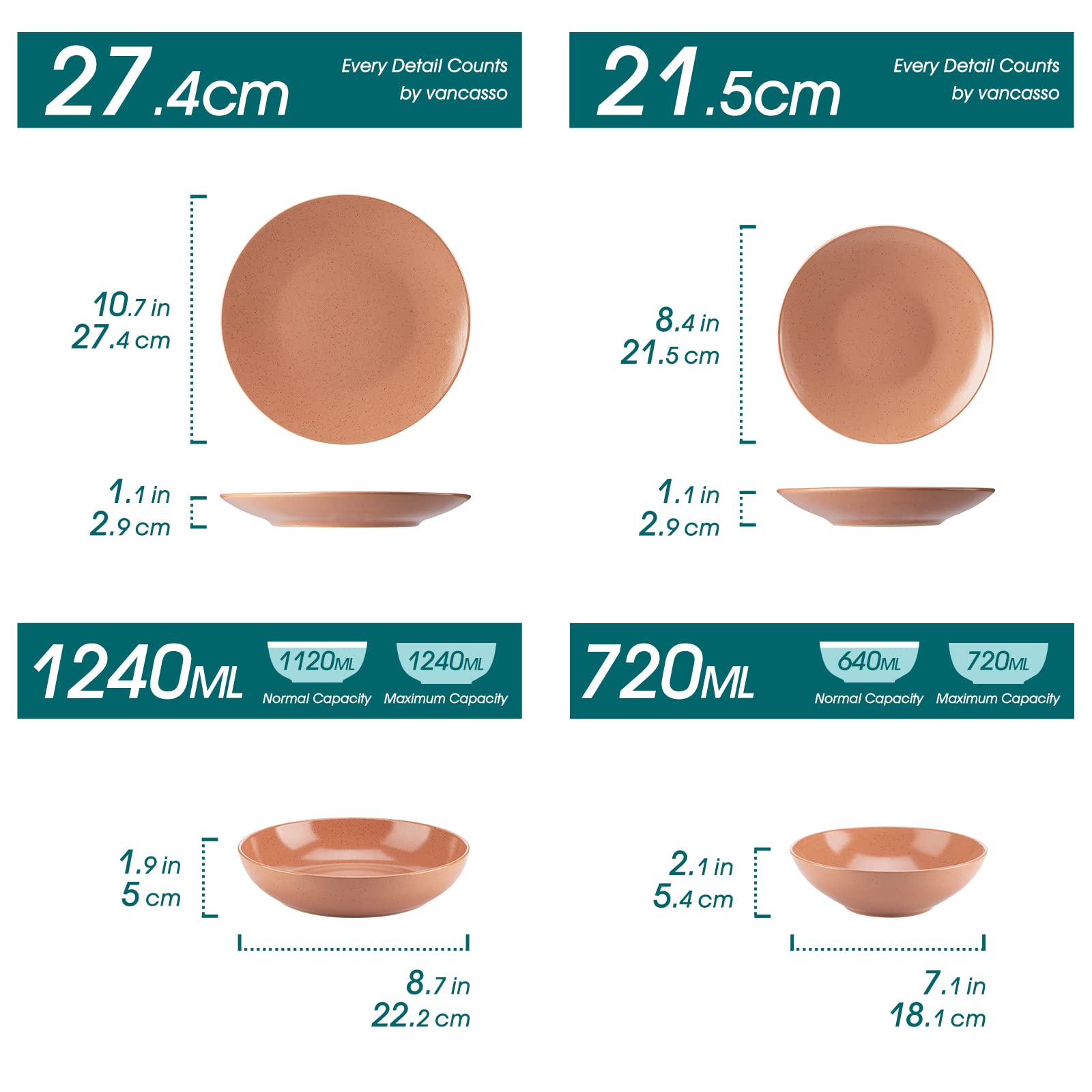 vancasso Sabine Set di stoviglie da 32 pezzi in gres, set di piatti semi-opachi, 8 Piatti Piani, 8 Piatti Dessert, 8 Piatti Fondi e 8 Ciotole Cereali servizio per 8 persone, terracotta