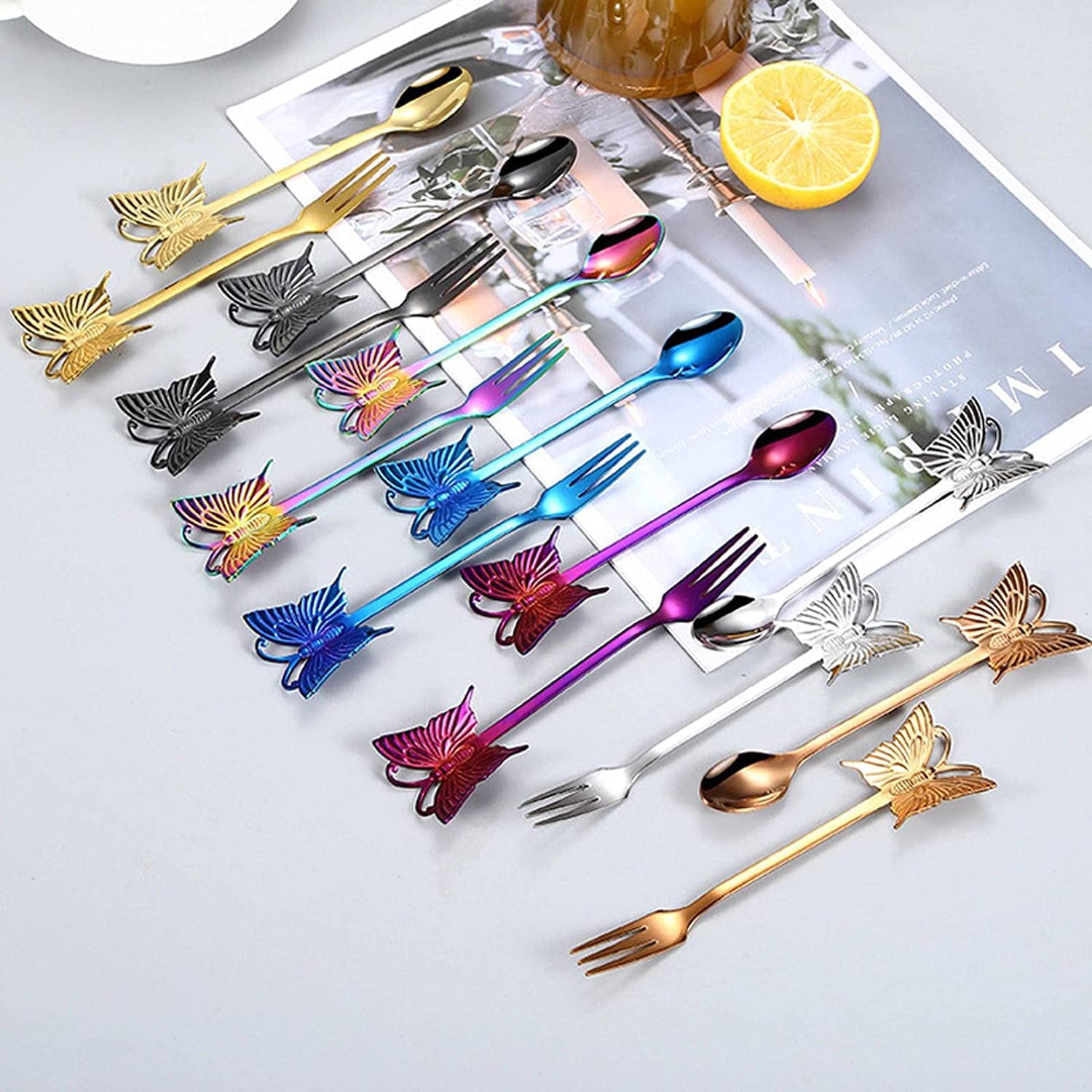 Cucharas De Mesa Manija mariposa cucharadita de acero inoxidable cuchara café dulce postre fruta horquilla espejo pulido Pulido vajilla Sopa Antigoteo Servir(Gold Fork)