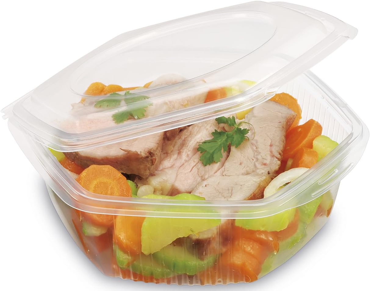 GUILLIN - ALPHATOP ATP1000 Pack of 50 Hexagonal Boxes w. Hinged Lids microwavable 1000cc, Polypropylene, 16,4 x 17,2 x 10,4 cm