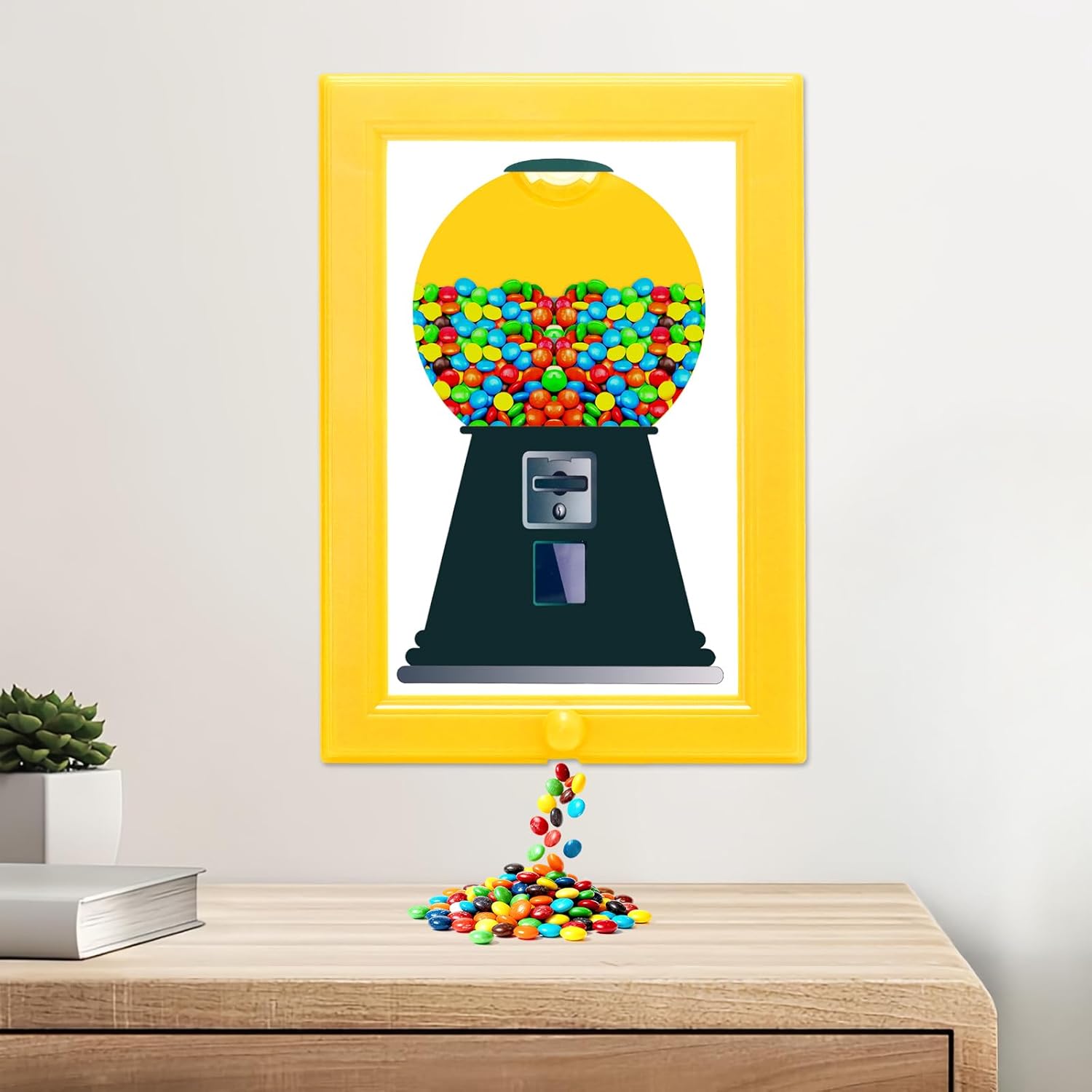 Wall Mounted Candy Dispenser Picture Frame, Handy Gumball Machine Snack Dispenser for Candies, Nuts, Dog & Cat Treats, Creative Hanging Sweet Display, Birthday & Holiday Gifts (Yellow)