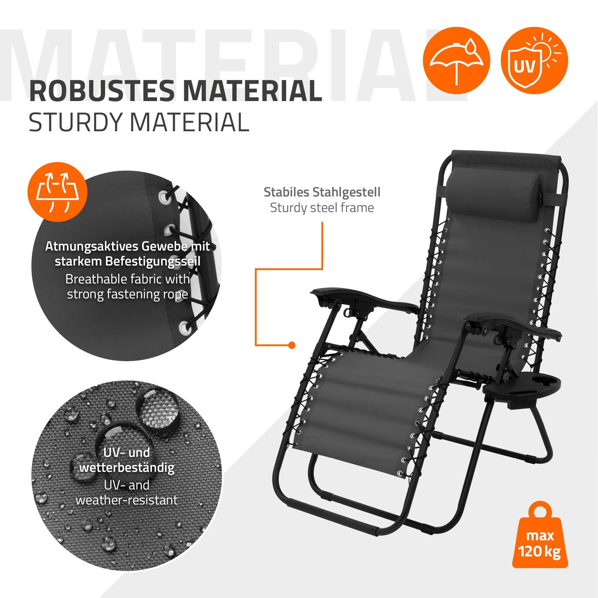 ML-Design Sedia a Sdraio da Giardino Tessuto Oxford 600D Antracite Reclinabile Portabevande e Scomparto per Telefono Cuscino Incluso Telaio in Acciaio Lettino Gravità Zero da Spiaggia con Braccioli
