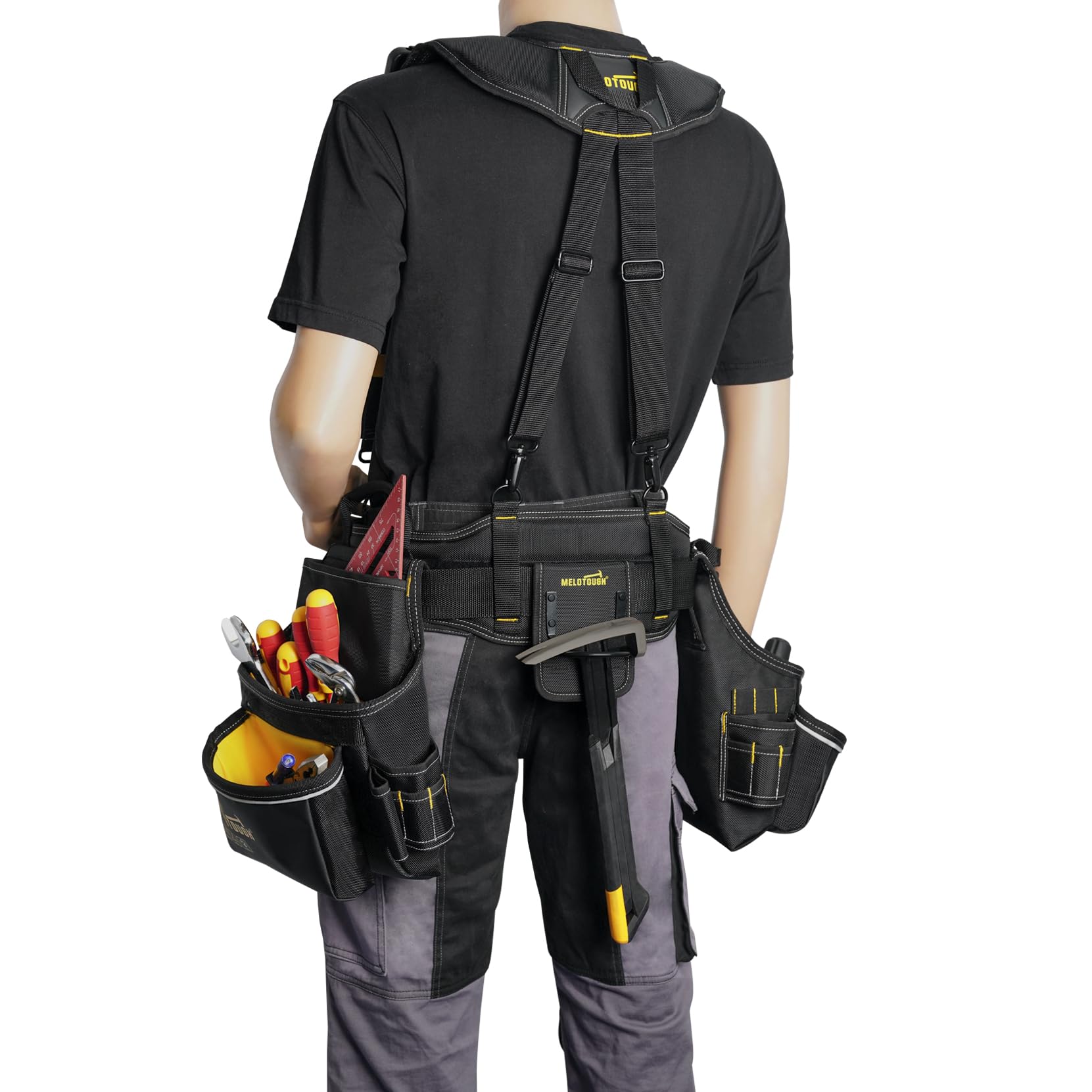 MELOTOUGH Ceinture à outils de charpentier avec bretelles, ceinture à outils professionnelle avec pochette à outils, bretelles avec 32 poches et boucles, convient pour tour de taille de 83,8 à 119,4