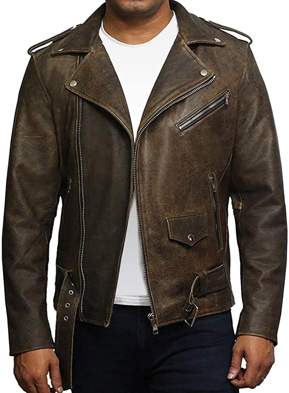 Brandslock Men's Brown Genuine Leather Biker Jacket Cowhide Brando… (5Xl, )
