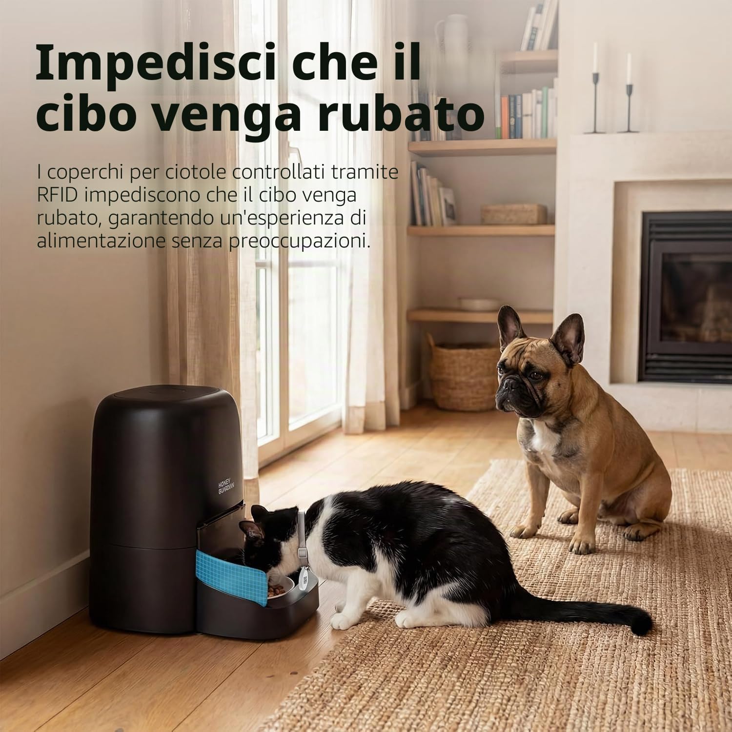 HoneyGuaridan 4.6L RFID Dispenser Crocchette Gatto con WiFi 5G e Antifurto | Distributore Automatico Cibo Gatti con Collare, Nutrizione su Misura, Monitoraggio Dietetico, Antifurto, Ciotola in Ceramica
