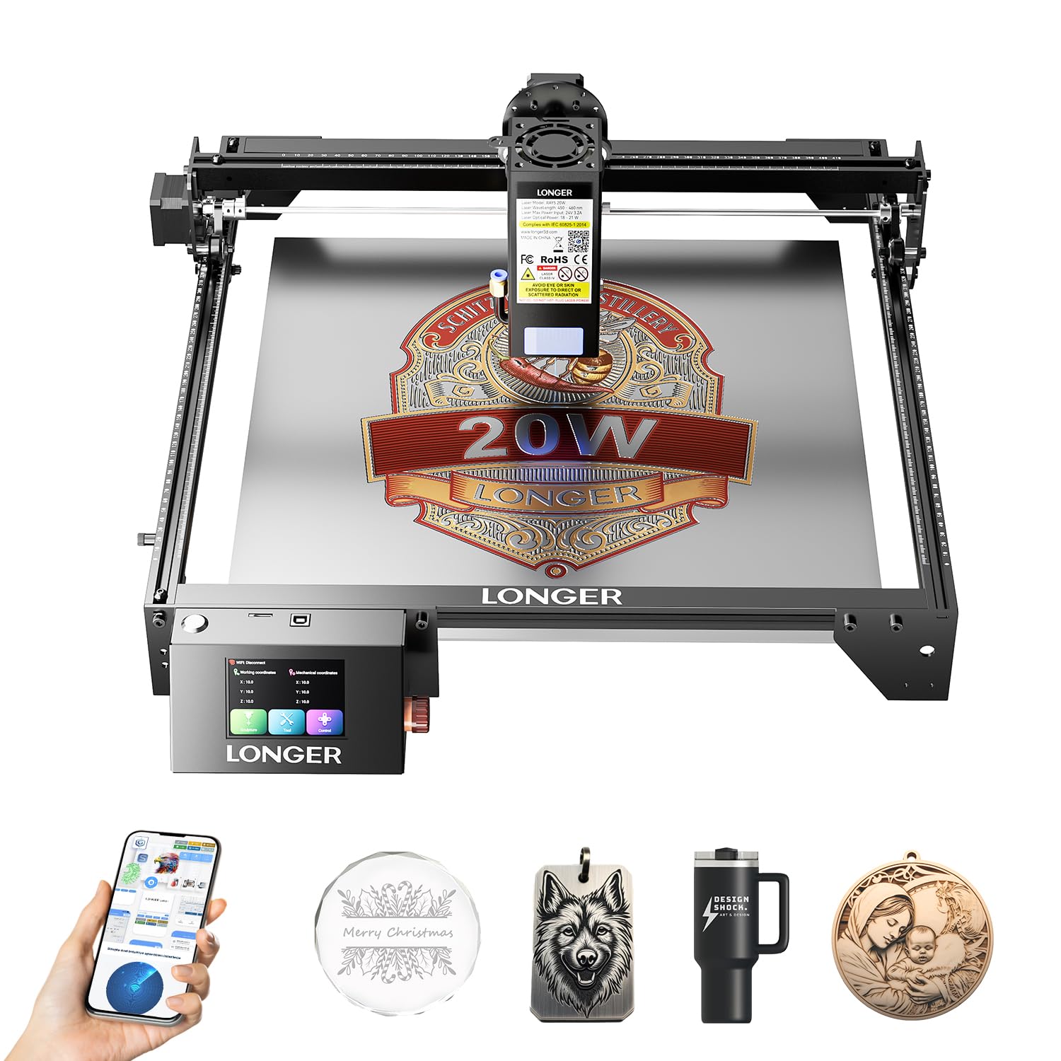 Longer RAY5 New Upgrade Laser Engraver, Laser Cutter 20W Output Power, Engraving Speed Up to 24,000 mm/min, 3.5” Color Touch Screen, App Offline Control, DIY Engraver Tool for Metal/Glass/Wood