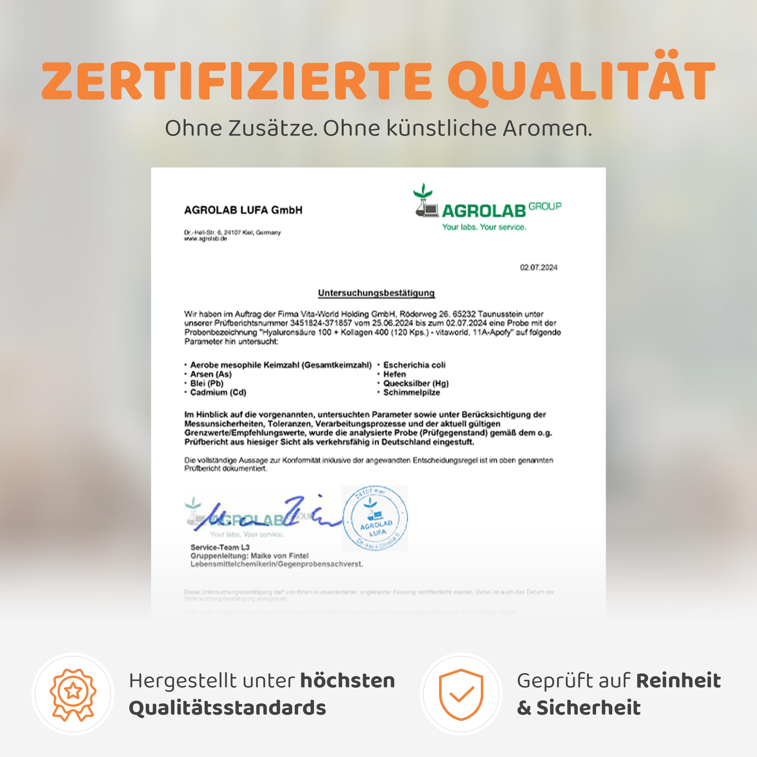 Hyaluron Kollagen Kapseln - hochdosierte 200 mg Hyaluronsäure + 800 mg Kollagen pro Tag (120 Kapseln) – bioaktive Collagen Peptide – Collagen Kapseln ohne Zusätze, laborgeprüft, glutenfrei – vitaworld