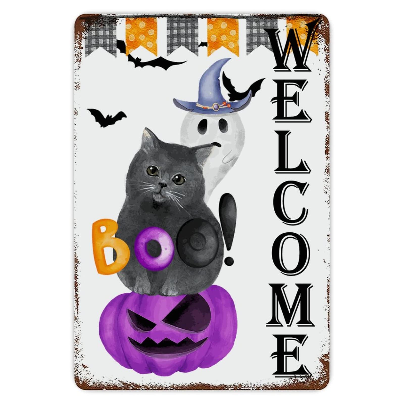 ENEDNATE Farmhouse Rustic Aluminum Sign Welcome Halloween Cat Pumpkin Ghost Metal Sign Retro Aluminum Tin Sign for Kitchen Bedroom Living Room Wall Art Door Hanger Home Decor Sign 8x12 Inch