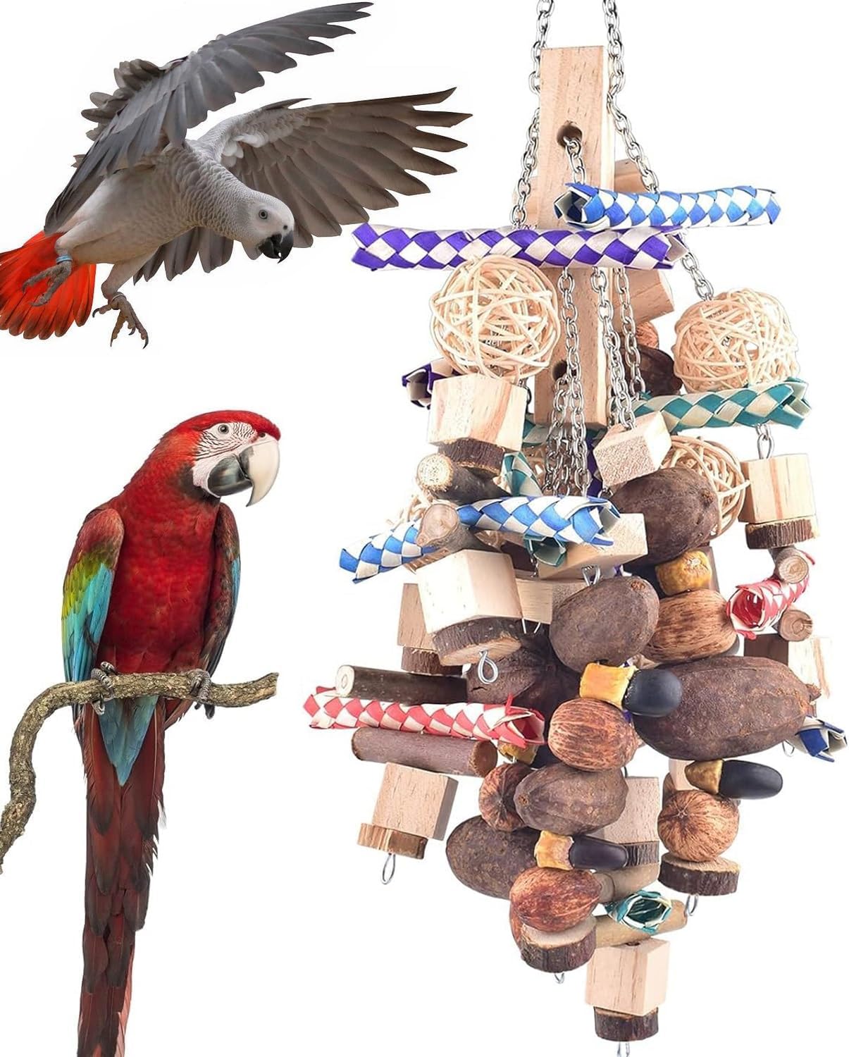 Bissap Large Parrot Chew Toys, 20.8in Bird Parrot Hanging Bite Wooden Blocks Cage Fun Toy for Macaw African Greys Cockatoo Eclectus Budgies Parakeet