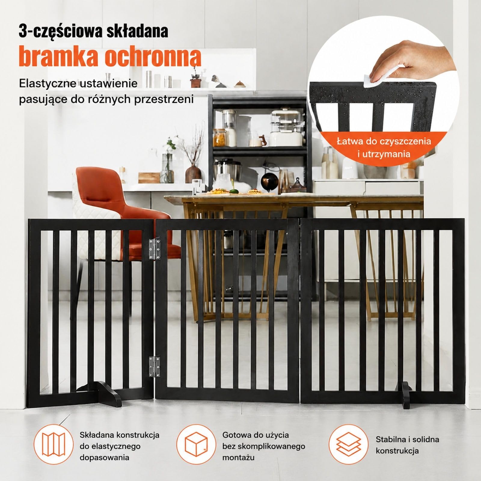 3-panelowa wolnostojąca składana bramka dla psa, brązowa barierka dla zwierząt z pionowymi szczeblami do drzwi, schodów i korytarzy