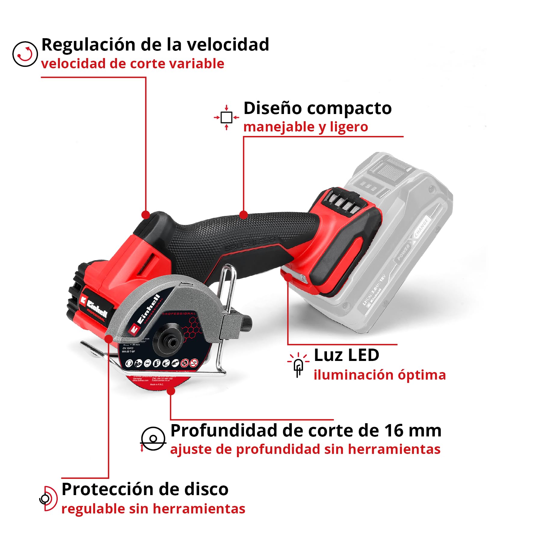 Einhell Professional Tronzadora con batería TP-CO 18/76-C Li BL-Solo (18 V, Brushless, Ø de disco de 76mm, 16 mm de profundidad de corte, ajuste de profundidad, incl. 4 discos de corte, sin batería)