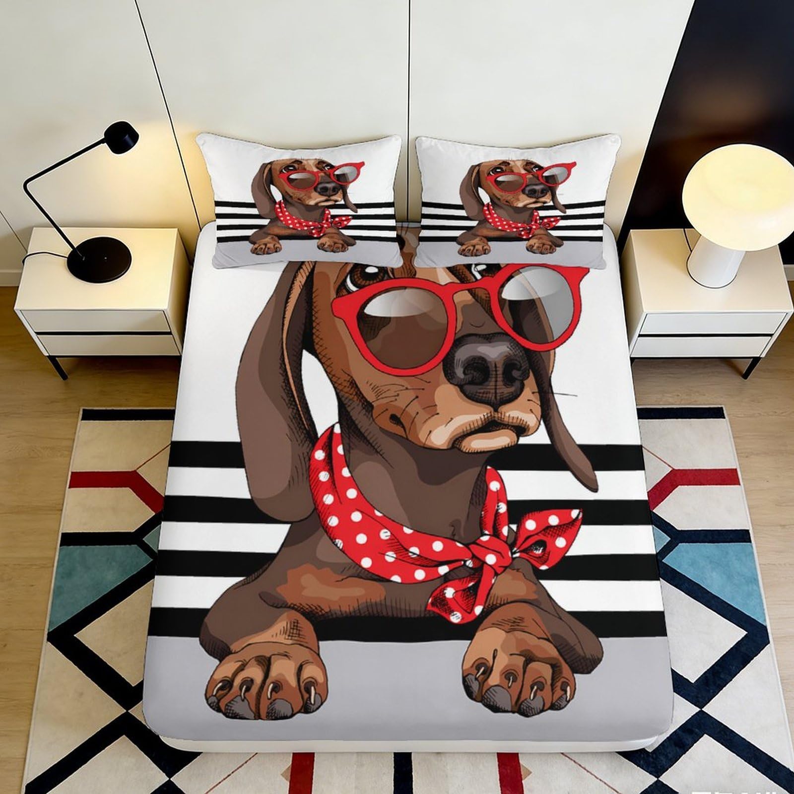 3D Printed Dachshund Dog Fitted Sheet Microfiber Soft Breathable Red Glasses Bed Cover for Bedroom Dormitory Guest Room Mattress Protection 200x200x25cm
