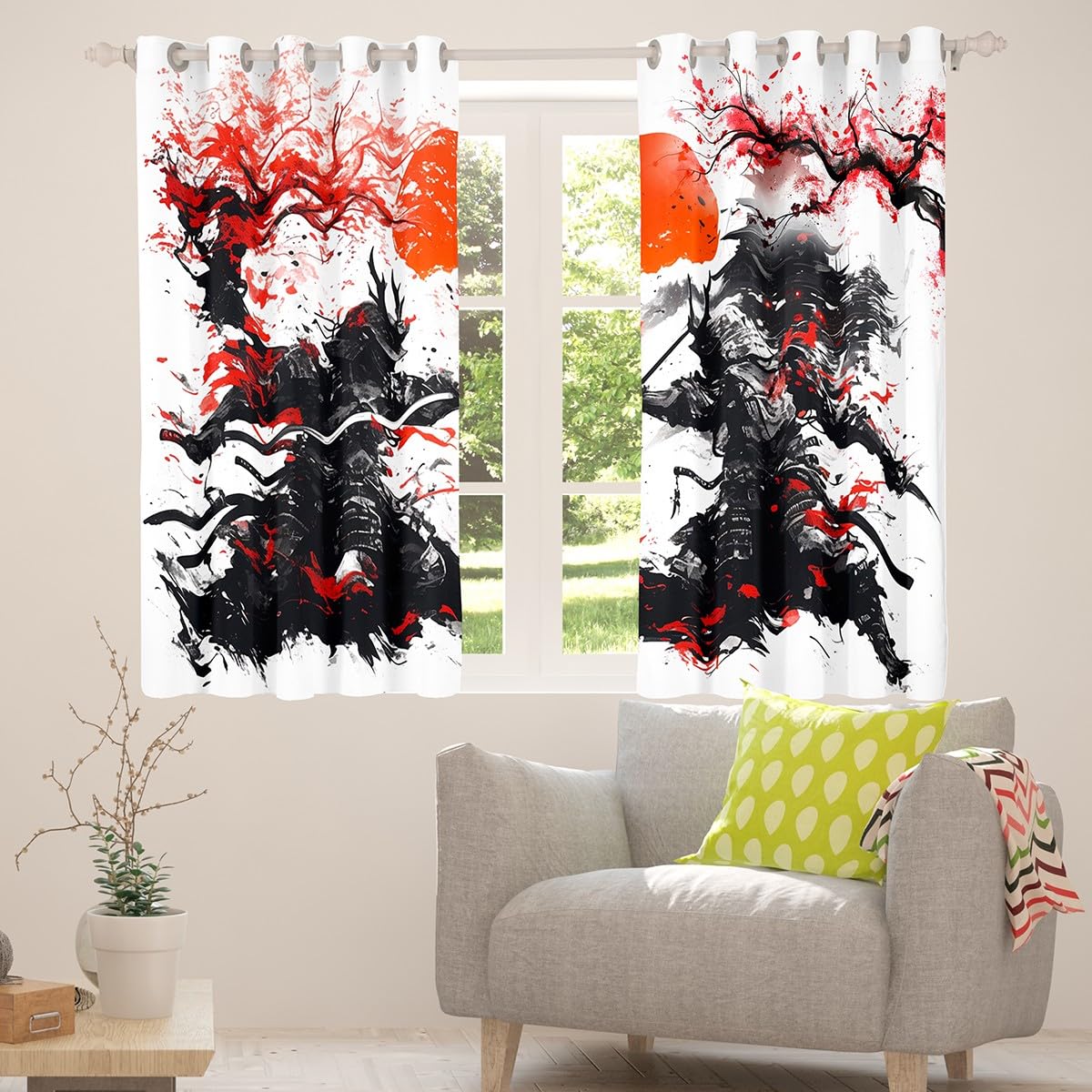 Rideaux de fenêtre samouraï japonais, aquarelle rouge fleurs de cerisier rideaux de décoration d'intérieur, tournesols peinture à l'encre noire, rideaux de fenêtre durables pour enfants