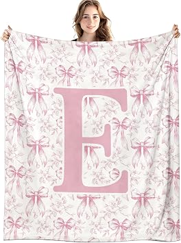 Coquette Pink Bow Flower Throw Blanket, Personalized Initial E Soft Fluffy Cozy Flannel Blanket, Monogrammed Gifts for Daughter Women Teen Girls, Customized Blanket for Bedroom, 50x60 in