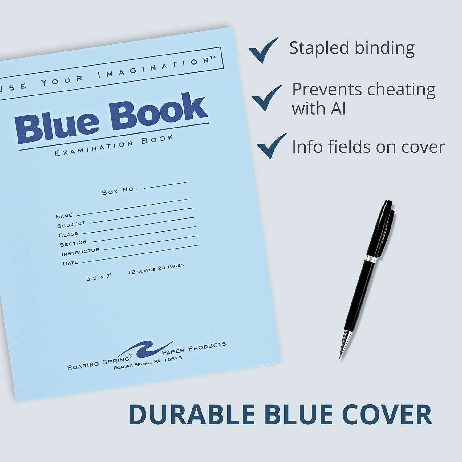 ROARING SPRING Exam Blue Books, 500 School Examination Booklets, 8.5" x 7", 12 Sheets/24 Pages, Wide-Ruled with Margin Student Testbook, Made in USA