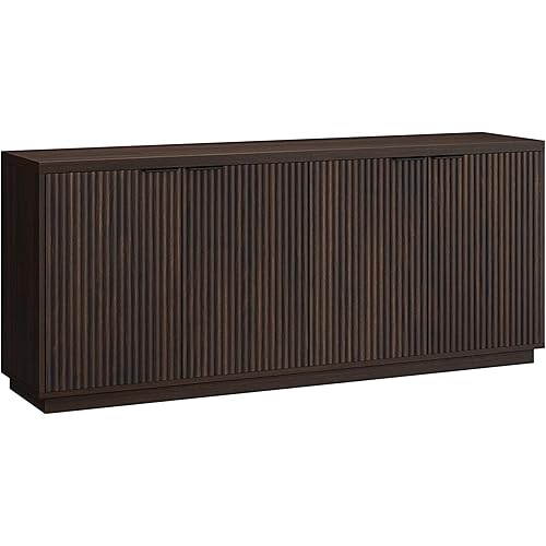Henn&Hart 68'' Fluted Sideboard Buffet Cabinet, Ribbed Wooden Credenza with 4 Doors, Adjustable Shelves, and Cable Management Cut-Outs for Dining Room, Kitchen, Living Room or Entryway, Alder Brown