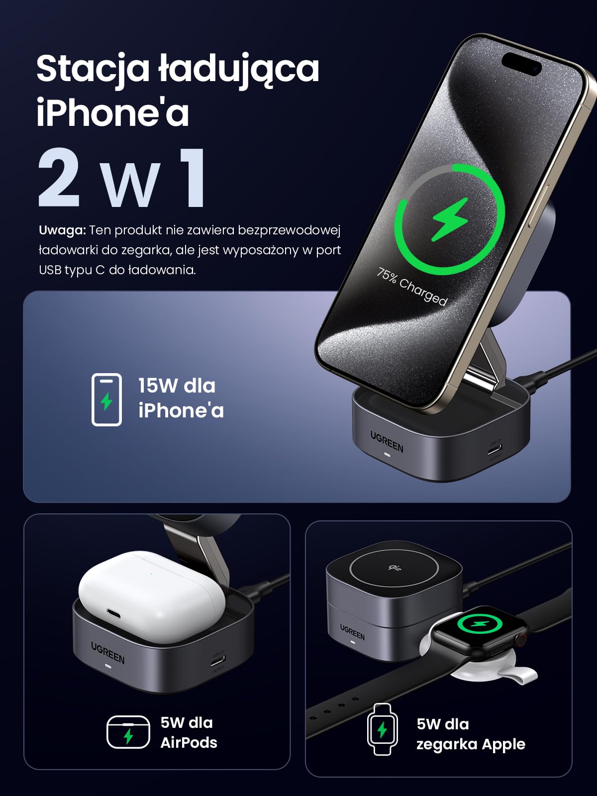 UGREEN MagFlow Qi2 15 W 2-w-1 składana stacja ładująca do iPhone'a z MagSafe | Kompatybilny z MagSafe 17 16 15 14 13 12 Air Plus Pro Max AirPods 4 3 Pro 3 2 1, składana, magnetyczna stacja ładująca