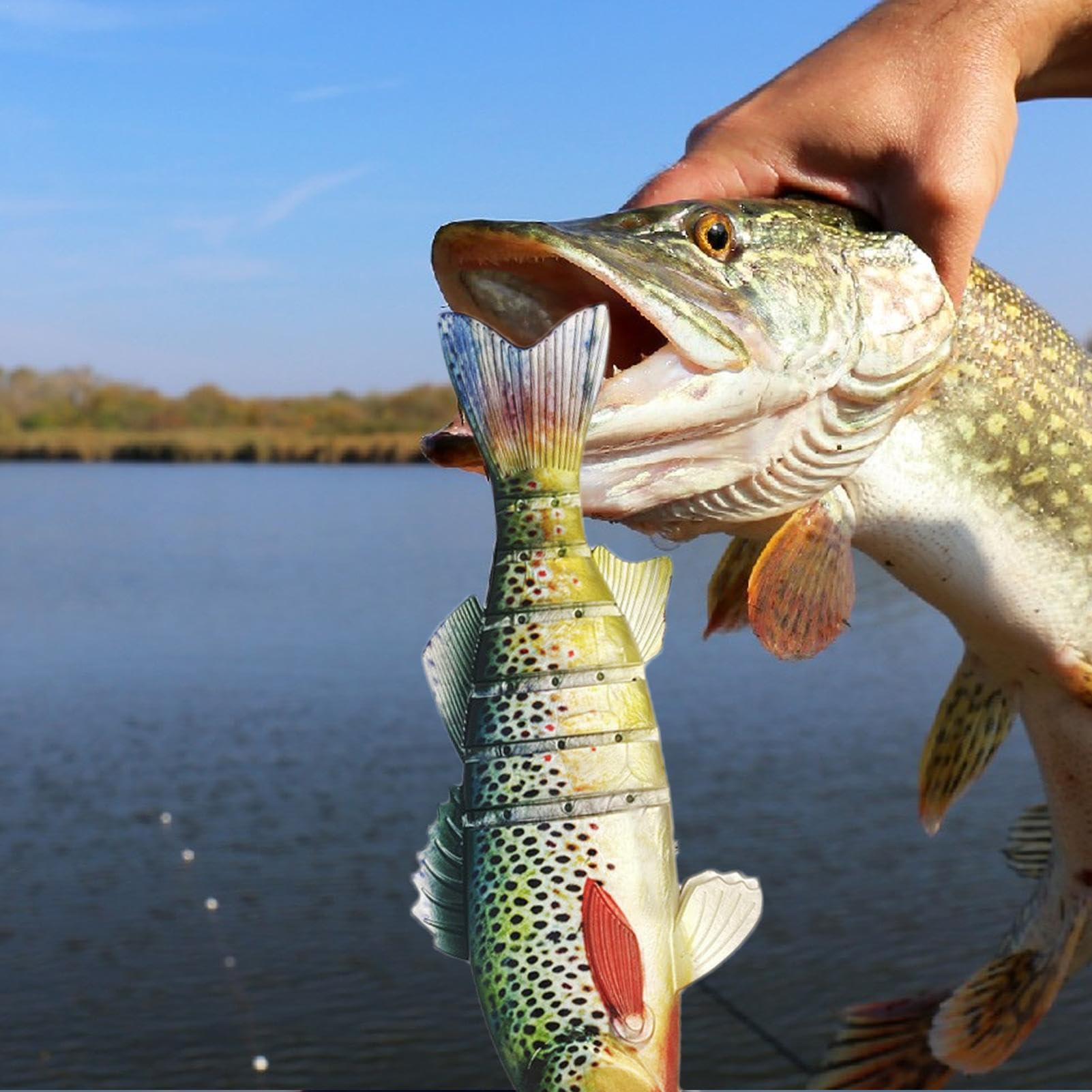 Swimbait Leurre Swimbait Leurre de Perche Leurre de Pêche Réaliste Leurre de Pêche en Eau Douce et Salée Leurre Flottant Multi-Pièces de 15 Pouces pour Truite Perche Crappie, Appâts de Pêche à la