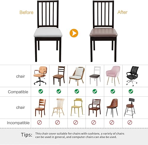 Vista 45 de YISUN Juego de 6 fundas para asiento para silla, de piel sintética, impermeables, para sillas de comedor, fundas elásticas para sillas de comedor