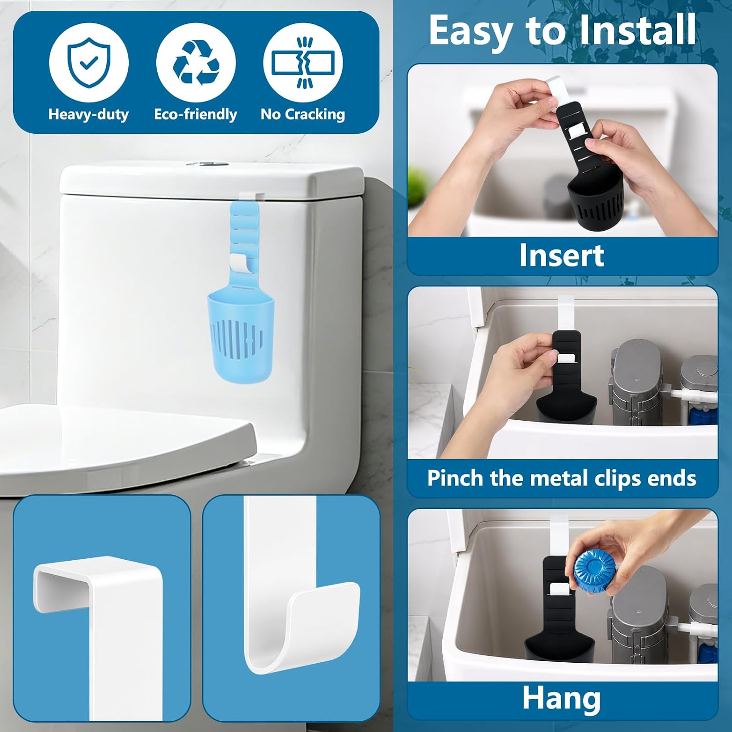 SelfTek 2PCS Adjustable Toilet Tank Tablet Holder, Hanging Toilets Bowl Cleaner Carrier with Hook, Fit Up to 7-Inch Water Level, Durable Elastic Silicone for Standard Toilet Tank - 3