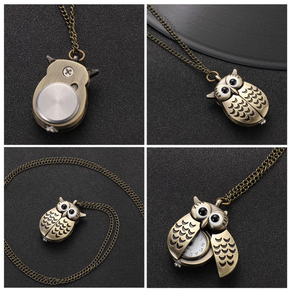 ibasenice 2 Unids Búho Reloj de Bolsillo Vintage Retro Bronce Steampunk Locket Reloj de Bolsillo Colgante Cadena Larga Animal Pájaro Collar de Cuarzo Regalo para Niñas Niños os
