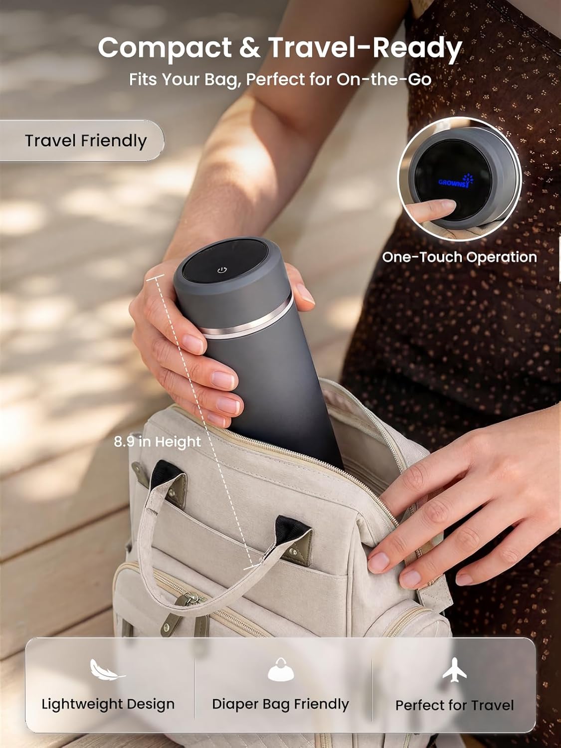 Grownsy Portable Baby Formula Bottle Maker, Rapid Cooling in 3 Min, Pure Physical Cooling, No Power Needed, Smart Color Temp Display, Travel & Night Feeding Essential, Includes Formula Dispenser,Black