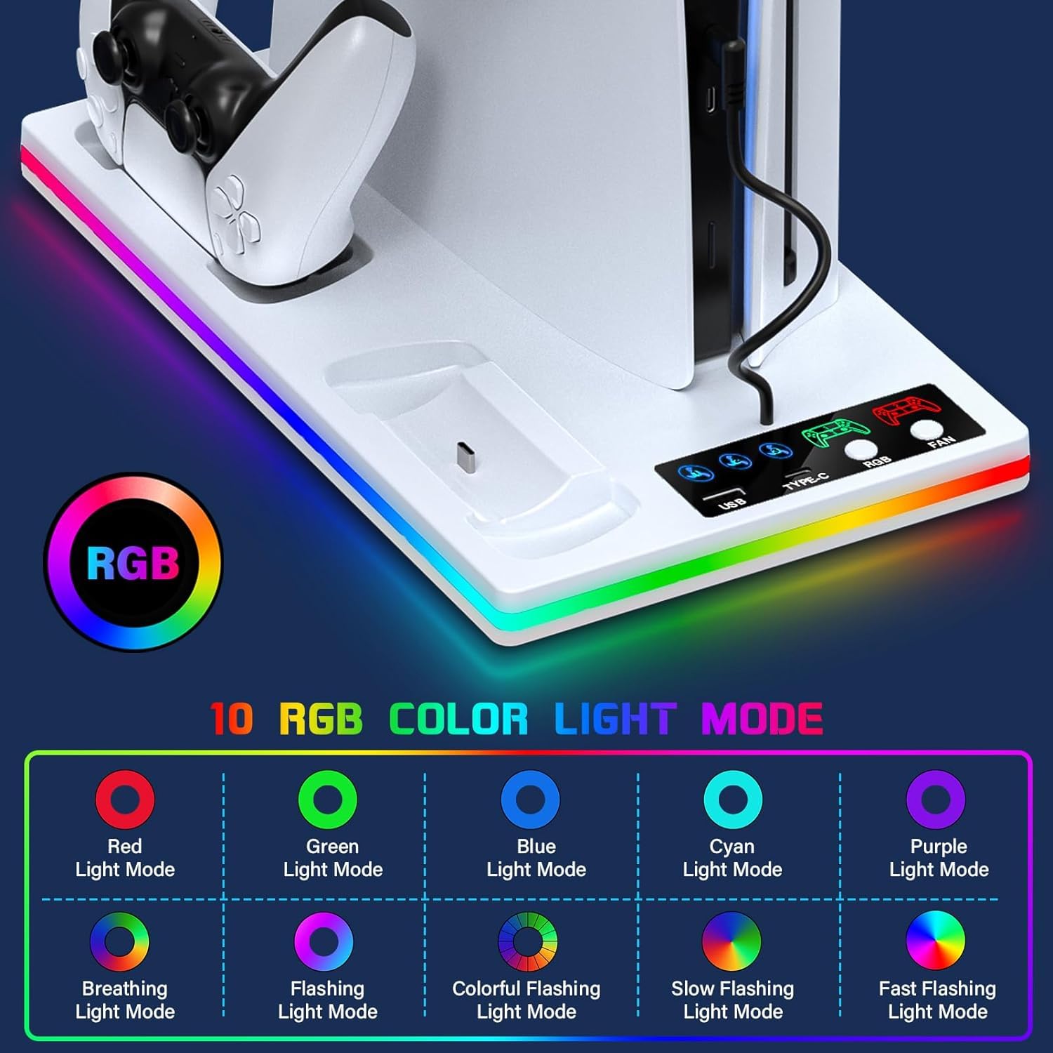 3 en 1 Support PS5 avec Chargeur Manette et Ventilateur à 3 Vitesses, Socle PS5 pour PlayStation 5 Pro/Slim & Standard Disque/Numérique, Refroidisseur PS 5 avec RGB et 2 Ports USB