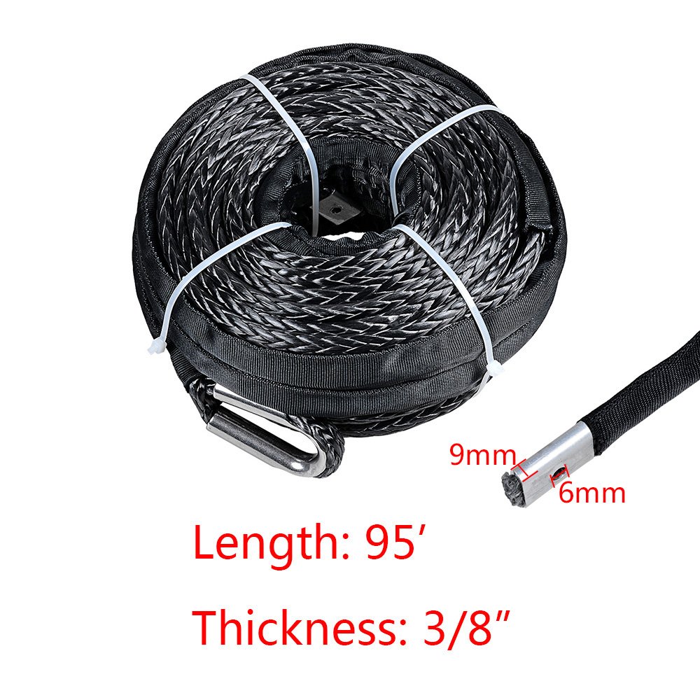 3/8 Inch x 95' GRAY Synthetic Winch Line Cable Rope 20000LBs+ Sheath Thimble Recovery Replacement ATV UTV Truck Boat