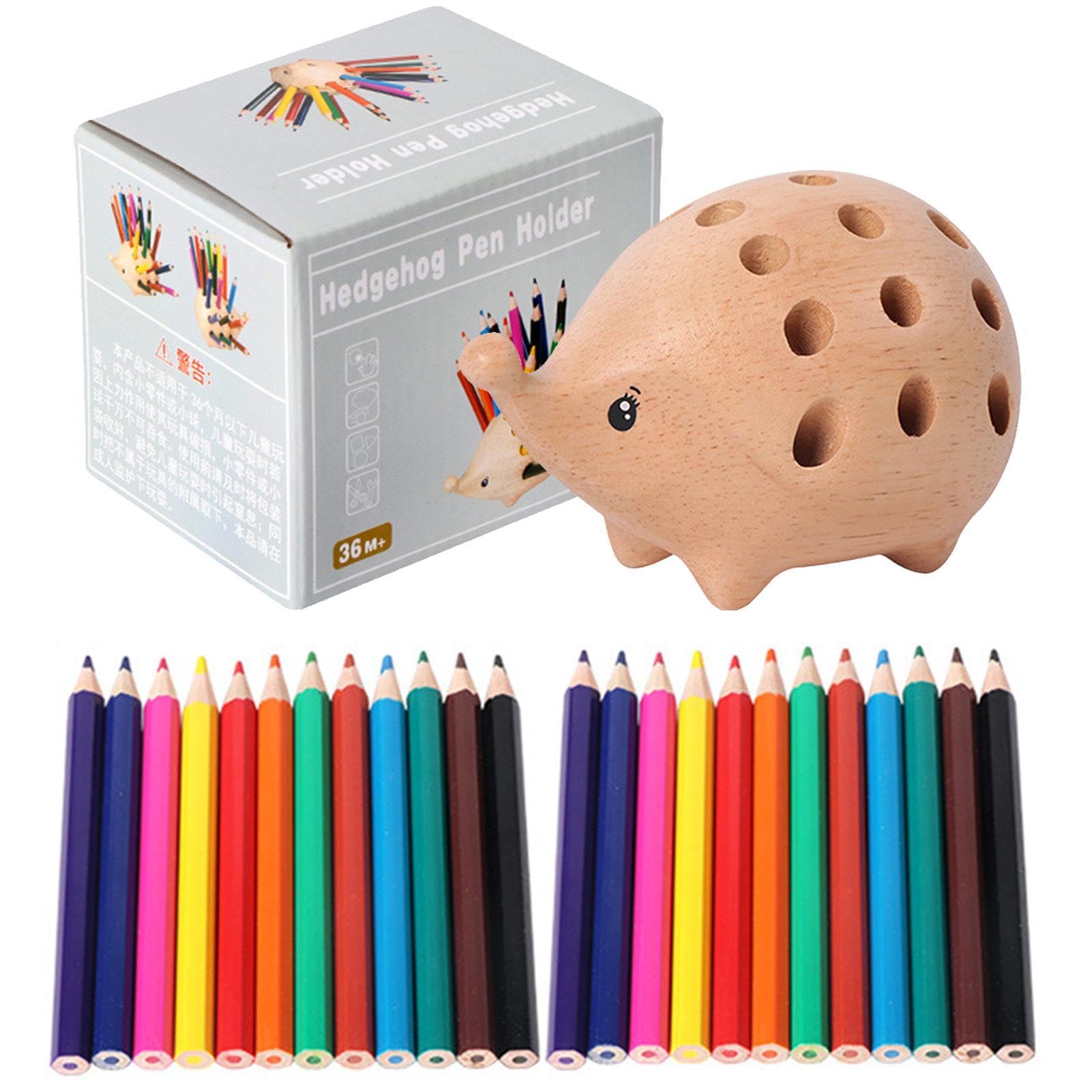 Pot à crayons d'animaux hérisson en bois avec 24 crayons de couleur pour bureau