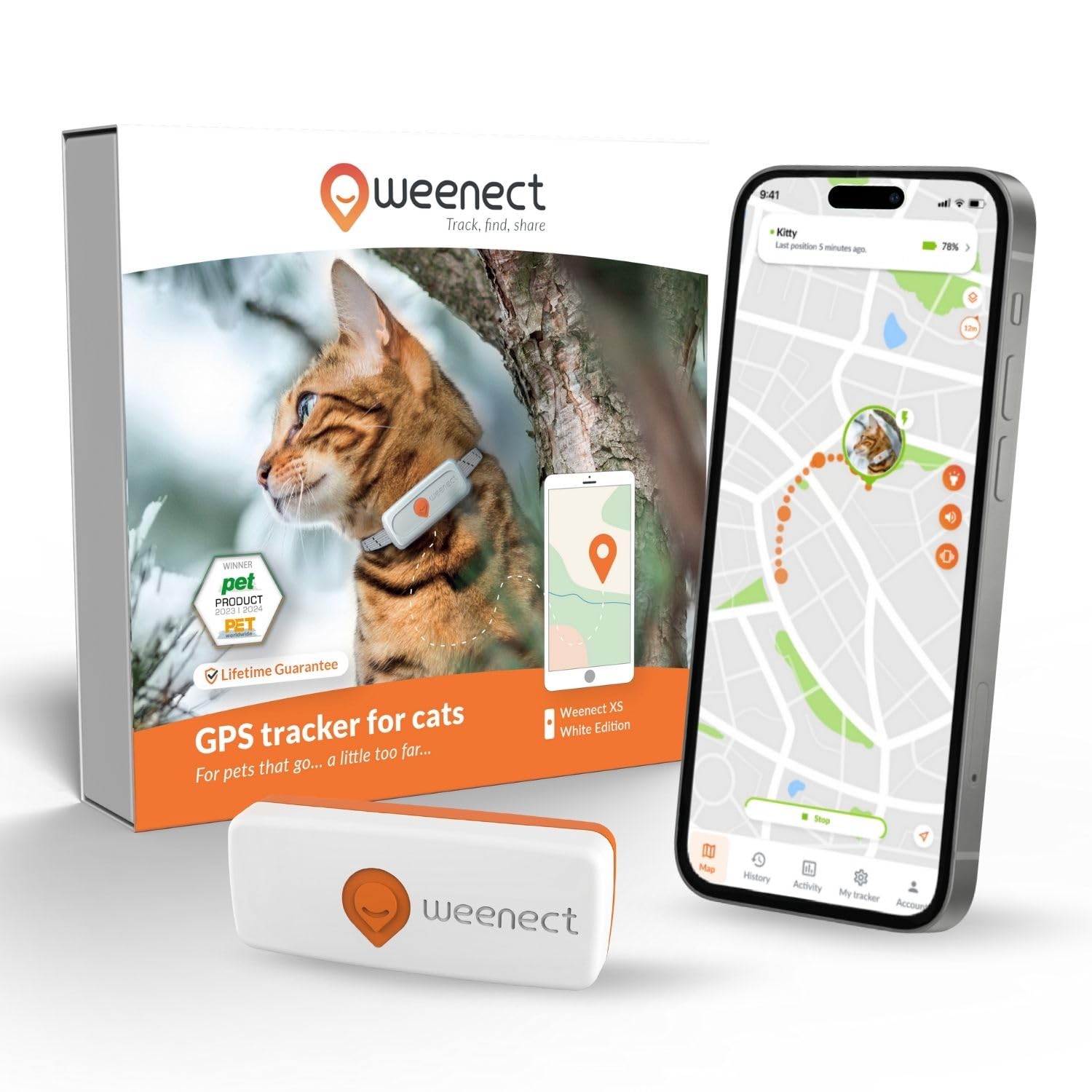 Weenect Cat XS - NEW GPS Tracker for Cats | Real-time Mini GPS Tracker for Cats | Smallest model on the market | Operates with a subscription | Collar included White XS