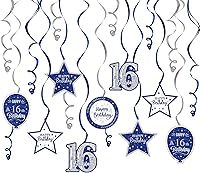 Vista 1 de Serpentinas de remolinos de cumpleaños feliz de 16 años con purpurina azul y plateada - Kit de 15 piezas de remolinos colgantes para el kit