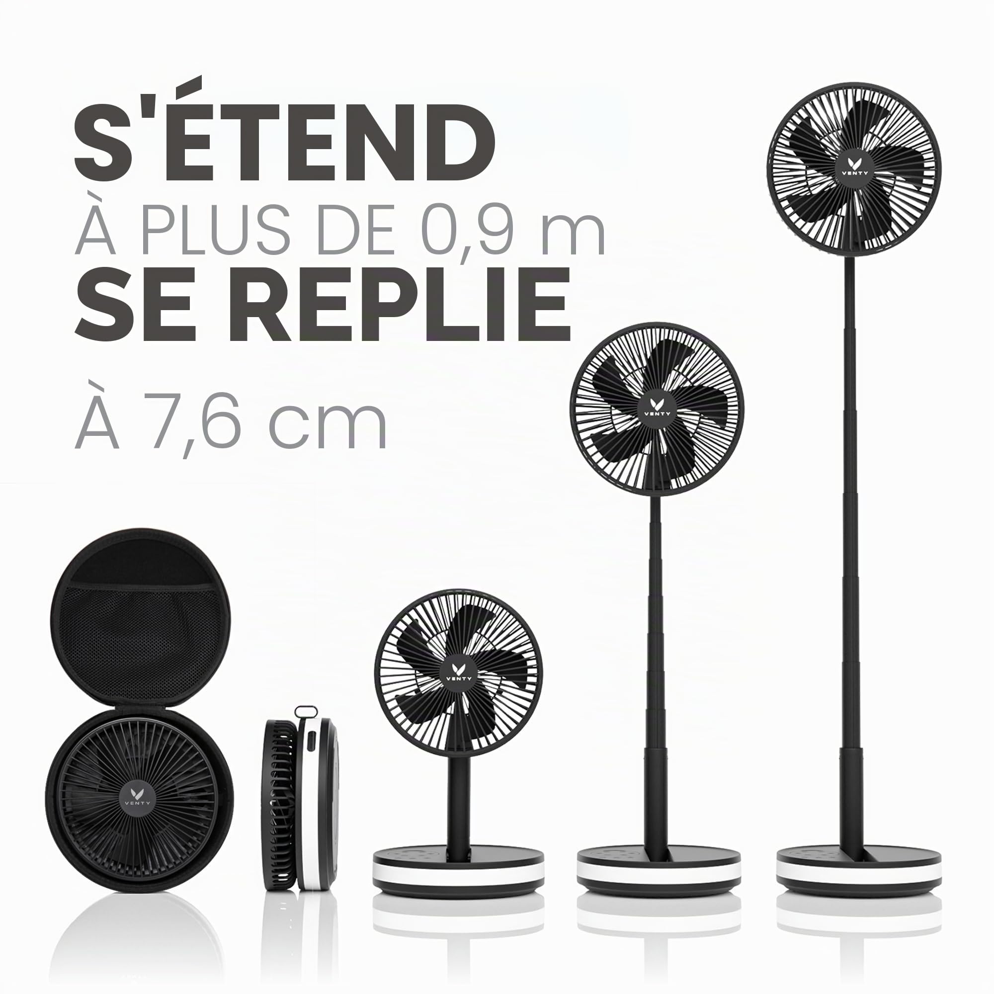 VENTY Ventilateur Portable Rechargeable - Ventilateur Pliable avec étui Transport et Port Usb - 4 Vitesses, Compact et Réglable pour Table, Camping, Bureau - Avec et Télécommande - Portable Fan
