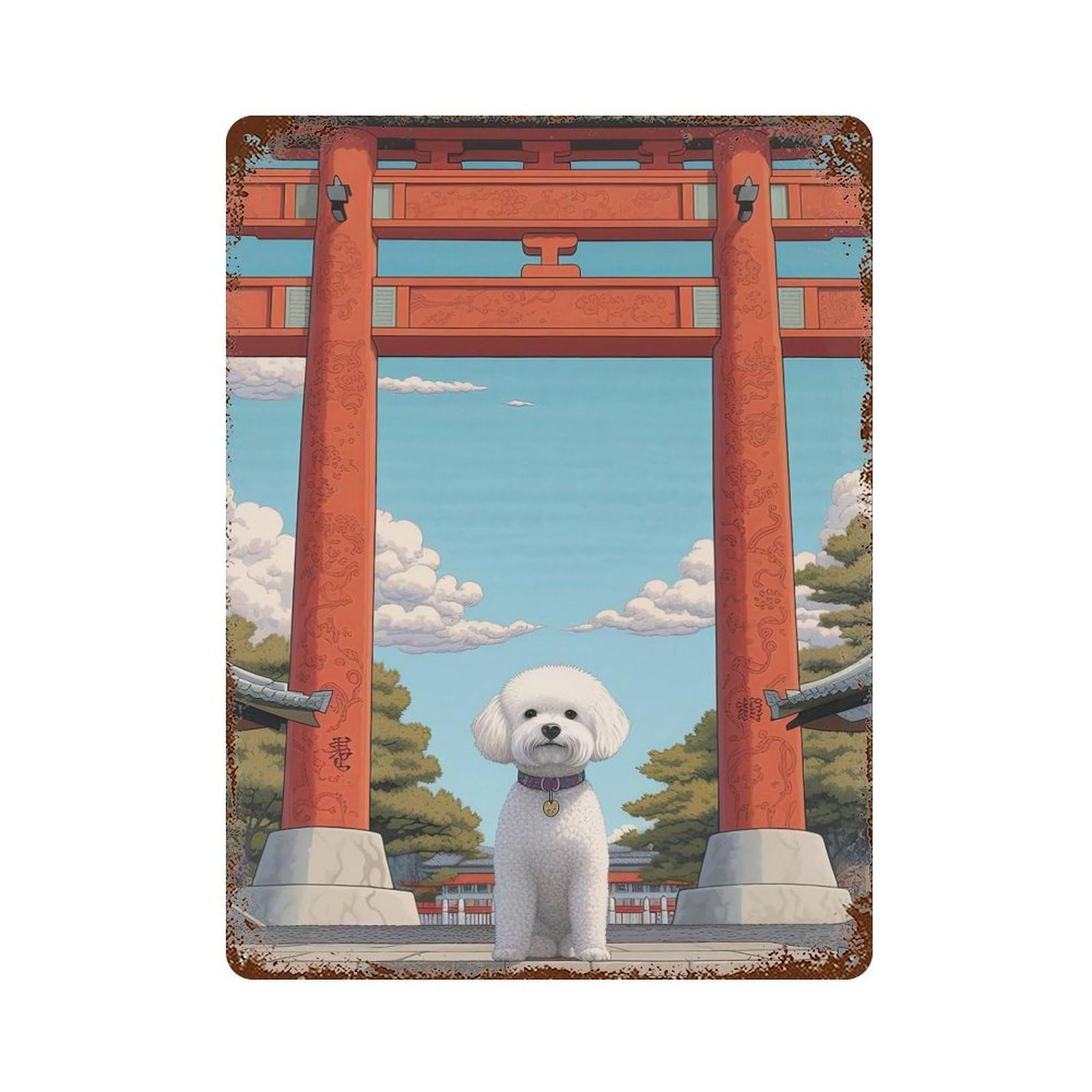 Vintage Rust Metal Sign Bichon Frise Torii Gate 15.7"x11.8", Novelty Wall Decor for Office, Studio And Wall Decor