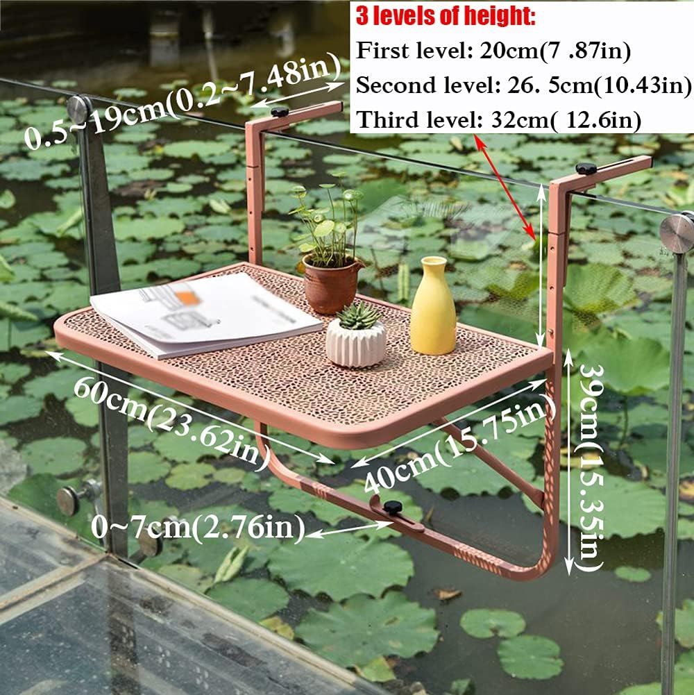 Balcony Railing Folding Table 3-Level Height Adjustments Wrought Iron Hanging Side Table Portable Bar Table for Indoor and Outdoor Patio Garden Orange Pink 60x40cm