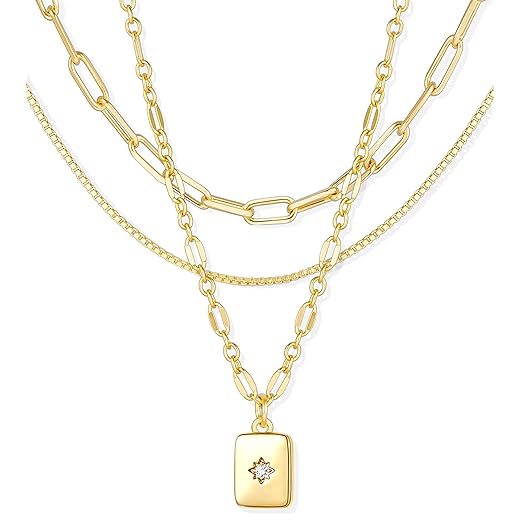YEEZII Layered Gold Necklaces for Women Trendy, 3 Pcs 14K Gold Plated Choker Paperclip Box Chain Necklace, Stackable Women's Gold Pendant Necklaces Jewelry Set