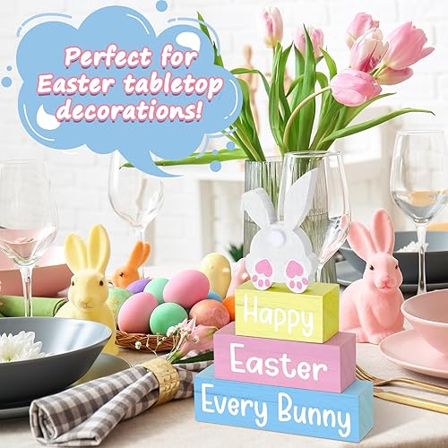 Miniatura 4 de Motionchic 4 piezas de decoración de Pascua con diseño de conejito de Pascua, bloques de madera de Pascua, centro de mesa, centro de mesa, granja,