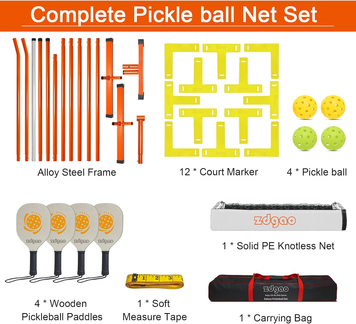 Zdgao Pickleball Set with Net for Driveway, 22 FT Regulation Size Pickle Ball Net Set with Pickleballs, Court Markers and Carry Bag, Steady Metal Frame for Outdoor, Indoor Court