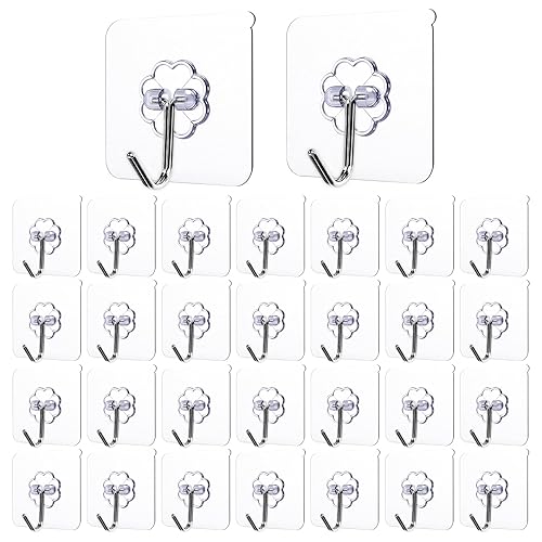 Crpzszshtp 30-Pack Strong Adhesive Wall Hooks for Hanging Heavy Duty, Self Adhesive Towel Coat Hat Hook Bathroom Shower Organizer for Wall,Door,Closet Hanging Hooks, No Drilling (Transparent) - 30-pack