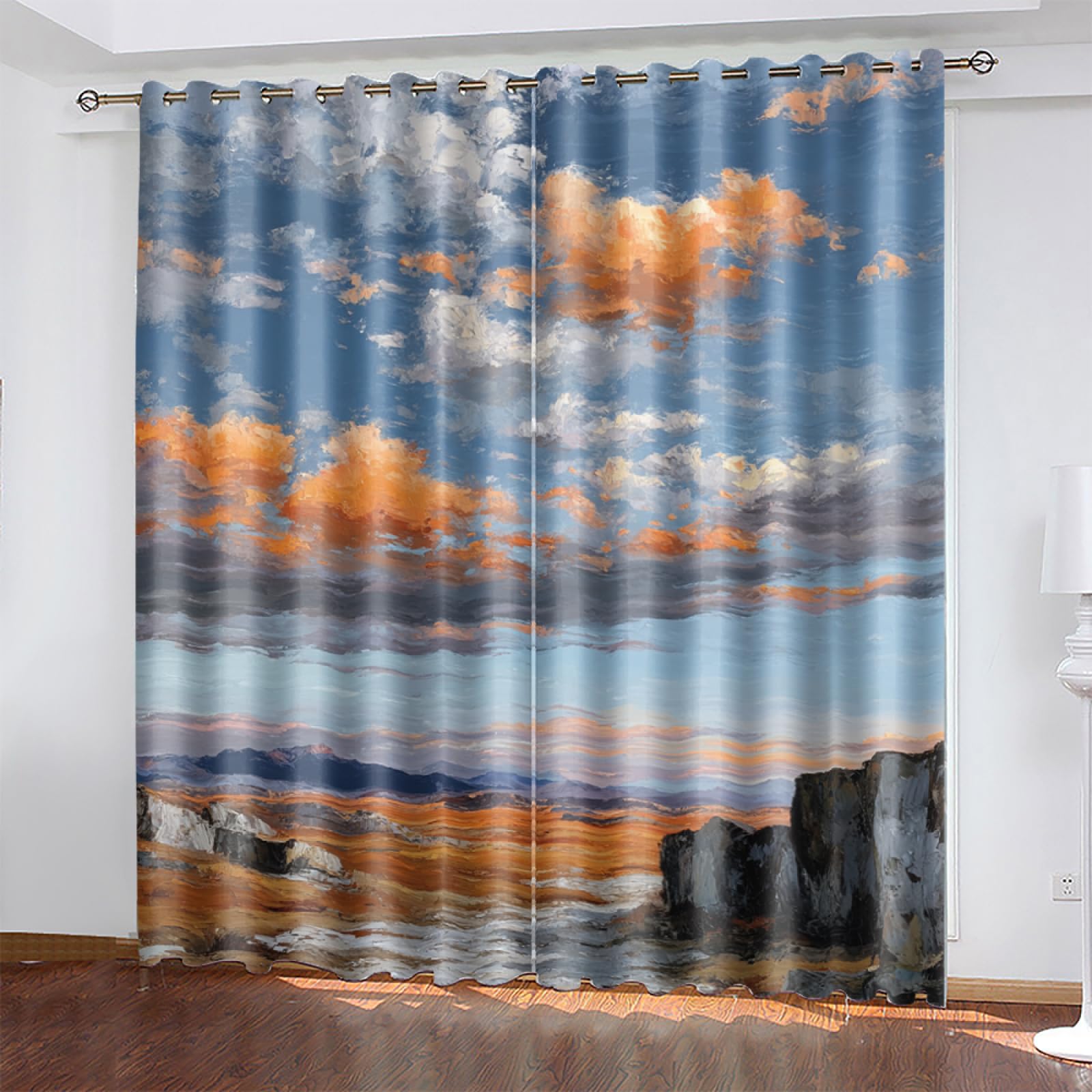 Rideaux occultants orange gris bleu pour tamiser la lumière du salon moderne