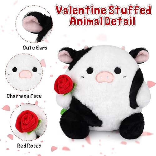 Miniatura 3 de Peluche para el día de San Valentín, animal de peluche de vaca, linda almohada de felpa de vaca con rosa, regalo del día de San Valentín para niños,