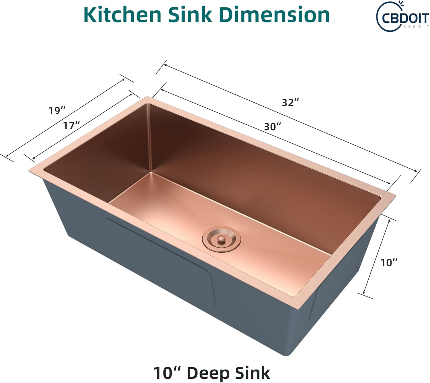 32 Inch Rose Gold Kitchen Sink, 32 x 19 Inch Undermount Kitchen Sink Single Bowl, 16 Gauge Stainless Steel Sinks with Strainer, 32" x 19" x 10"
