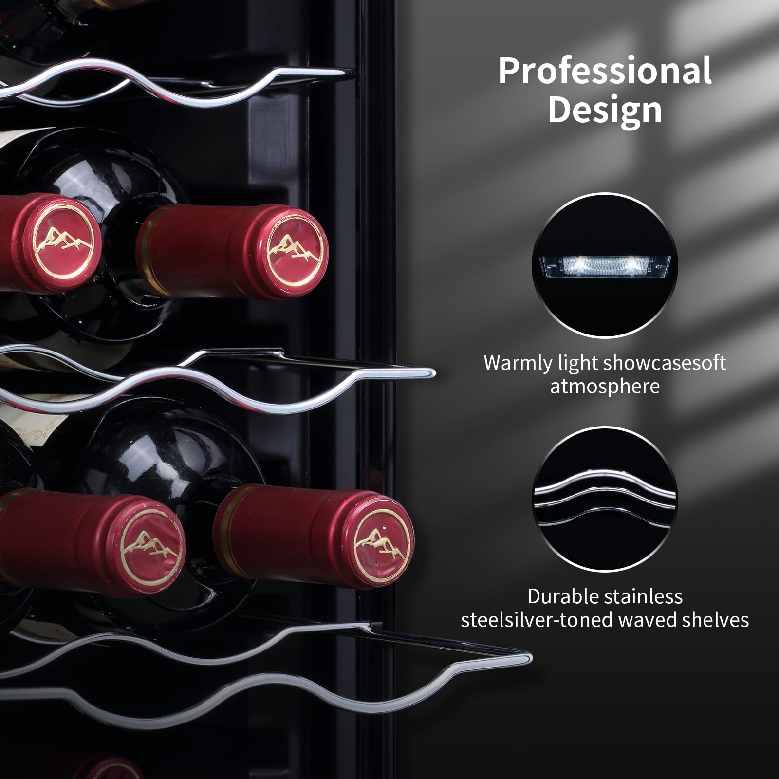VINECOLD 12 Bottle Black Wine Fridge,Freestanding Stainless Steel Small Wine Cooler For Red&White Wine,Wine Cooler Refrigerator 41°-64°F Digital Temperature Control Glass Door For Bar,Home Black